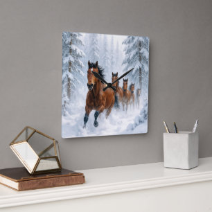 Relógio Quadrado Cavalos Correndo por uma Floresta Nevada
