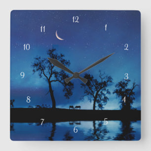 Relógio Quadrado Cavalos e estrelas da lua Fantasia Bonita