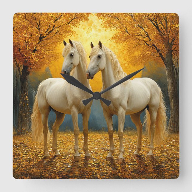 Relógio Quadrado Cavalos graciosos pintura a óleo (Frente)