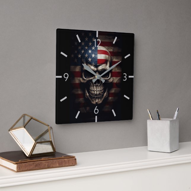 Relógio Quadrado Caveira da Bandeira Americana  (Escritório)