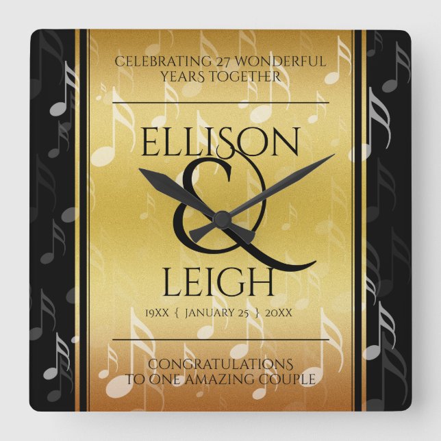 Relógio Quadrado Celebração do 27º aniversário do Casamento Musical (Frente)