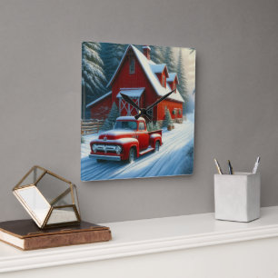 Relógio Quadrado Celeiro Vermelho Rústico e Caminhão Antigo