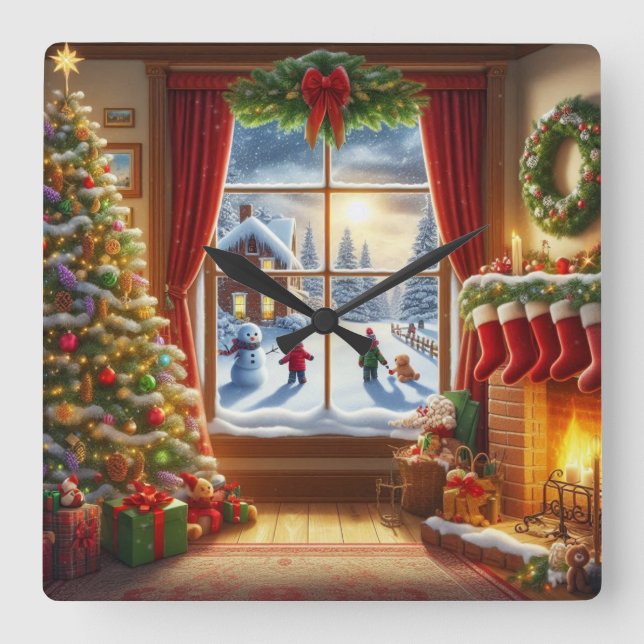 Relógio Quadrado Cena da Janela de Natal Cozy (Frente)
