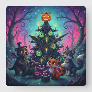 Relógio Quadrado Cena de Árvore do Hallow Xmas