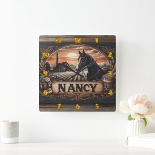 Relógio Quadrado Cena de Cavalo e Fazenda com Nameplate ao pôr do s