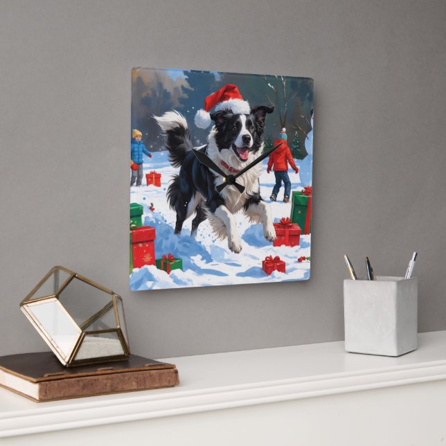 Relógio Quadrado Cena de Natal com Snow Border Collie (Escritório)