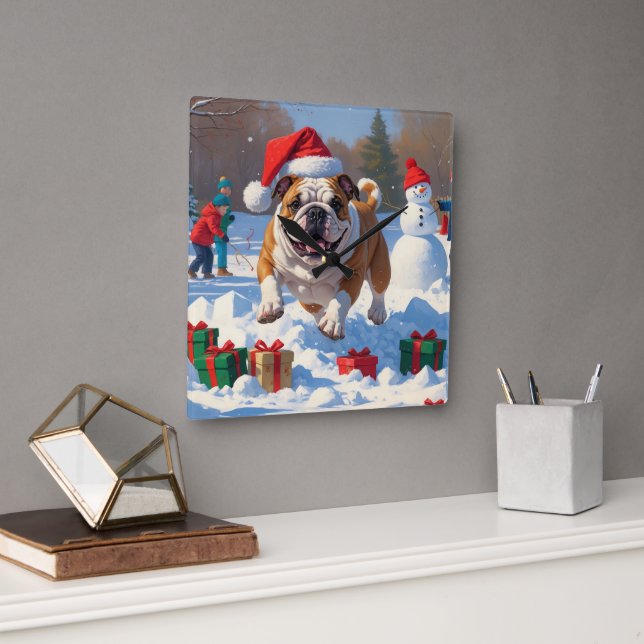 Relógio Quadrado Cena de Natal do Bulldog com Neve (Escritório)