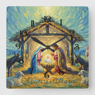 Relógio Quadrado Cena de Natal Pintura Impressionista