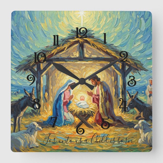 Relógio Quadrado Cena de Natal Pintura Impressionista (Frente)