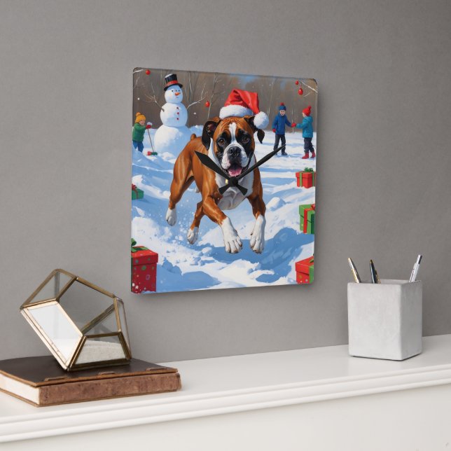 Relógio Quadrado Cena de Neve Festiva Boxer Christmas (Escritório)