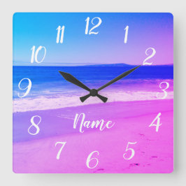 Relógio Quadrado Cena de Praia do Ombre Rosa de Aqua Personalizada