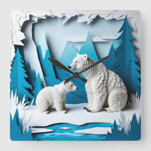 Relógio Quadrado Cena de Ursos Polares em Papercraft na Floresta Ár