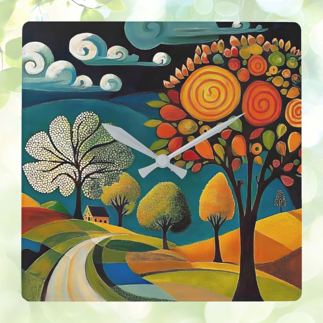 Relógio Quadrado Cena do País Folksy (Criador carregado)