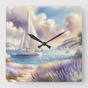 Relógio Quadrado Cena em aquarela do barco à vela da Costa Lavanda