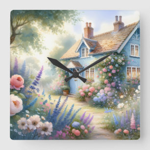 Relógio Quadrado Cena Floral Casa Azul Jardim Cottage Pastel
