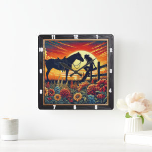 Relógio Quadrado Cena Ocidental Proveniente De Cavalo, Cavaleiro, S