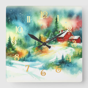 Relógio Quadrado Cena Rural de inverno da Aquarela de Natal