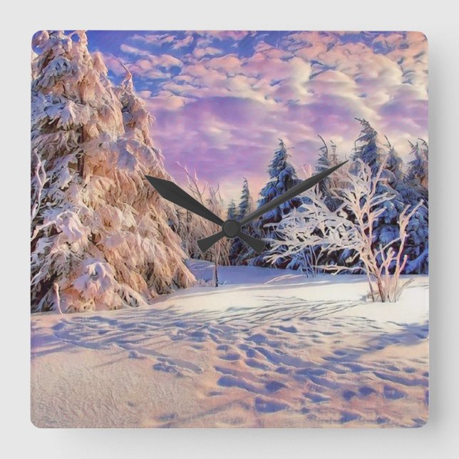 Relógio Quadrado Cenário de inverno com aquarela de árvores nevadas (Frente)