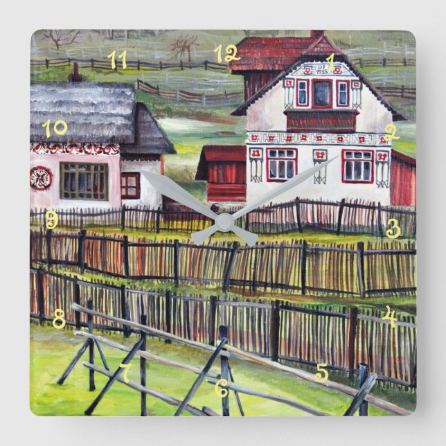 Relógio Quadrado Cenário pintado na Transilvânia Romênia (Frente)