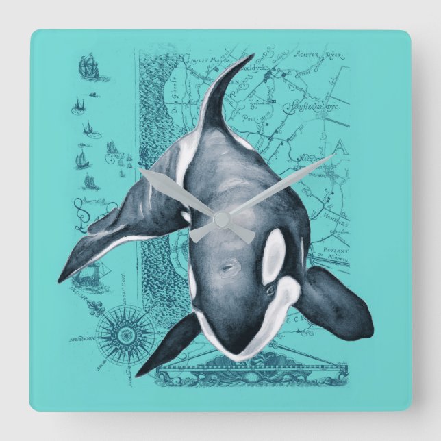 Relógio Quadrado Cerceta do mapa da orca (Frente)
