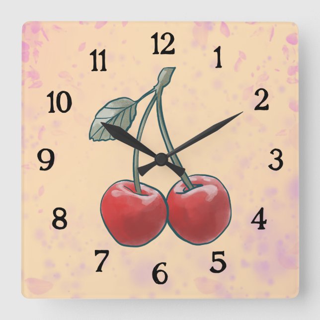 Relógio Quadrado Cereja Aquarela Fruta Rosa  (Frente)