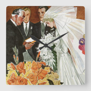 Relógio Quadrado Cerimônia de casamento vintage com noiva e noiva