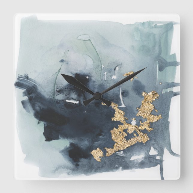 Relógio Quadrado Ceruleano e Dourado (Frente)