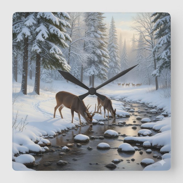 Relógio Quadrado Cervo bebendo de um riacho coberto de neve -  (Frente)