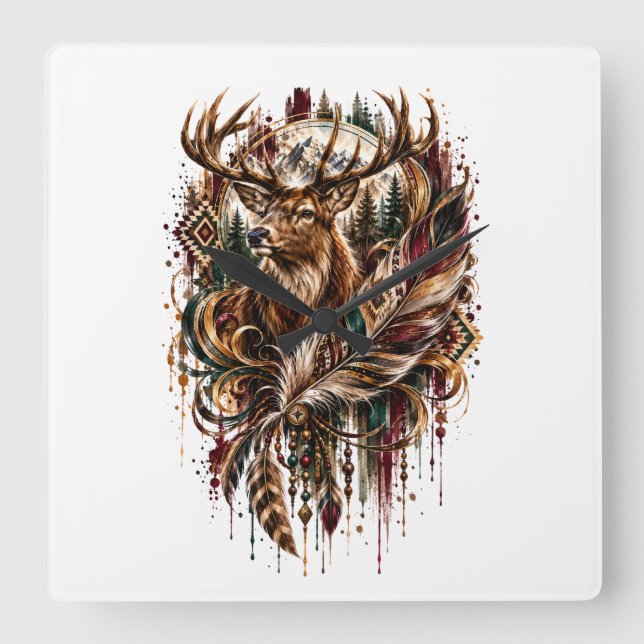 Relógio Quadrado Cervo Tribal Boho, Sonhando com Cervo (Frente)