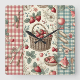 Relógio Quadrado Cesta de Frutas Gingham Diversão