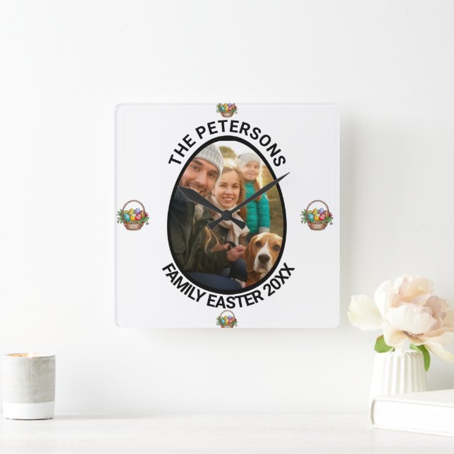Relógio Quadrado Cesta de Ovos de Páscoa com Foto Personalizada da  (Lar)