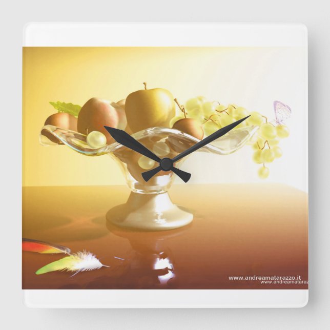 Relógio Quadrado Cesto de vidro com frutas e bateria (Frente)