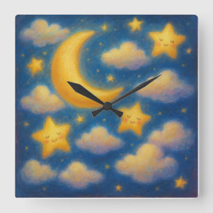 Relógio Quadrado Céu Noturno Sonhador Fofo - Estilo de Pintura Past