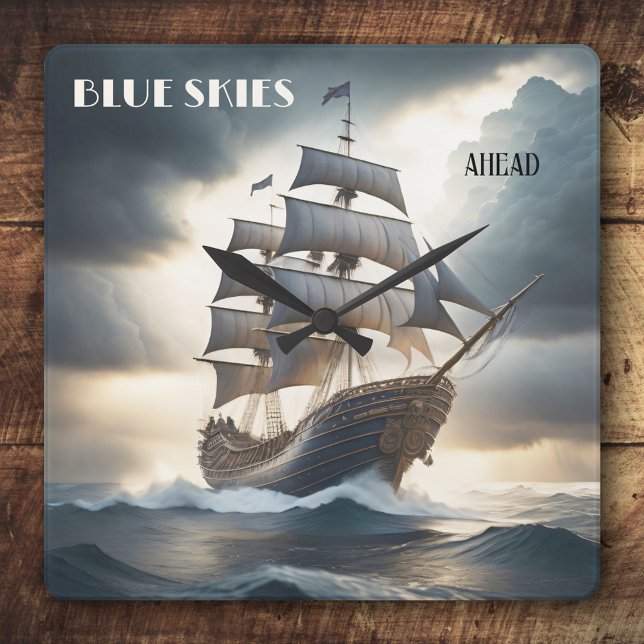 Relógio Quadrado Céus Azuis À Frente - Veleiro Antiquado (Classic design wall clock featuring a vintage clipper on a stormy ocean)