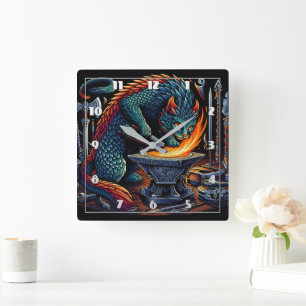 Relógio Quadrado Chamas de Artesanato: Blacksmith Cat no Trabalho