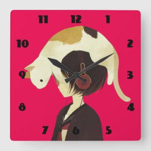 Relógio Quadrado CHAPÉU do CAT - criança do Anime com gato