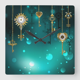 Relógio Quadrado Chaves de Esqueleto Anticas em Fundo Verde