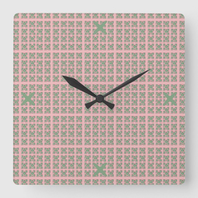 Relógio Quadrado Checkered Pink and Green Square Wall Clock (Frente)