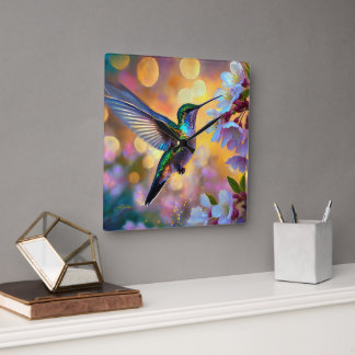 Relógio Quadrado Cherry Blossom Fantasy Hummingbird