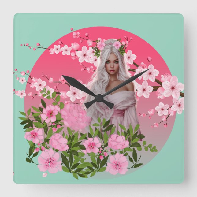Relógio Quadrado Cherry Blossom Maiden Wall Clock  (Frente)