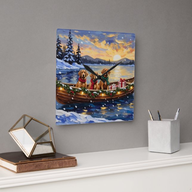 Relógio Quadrado Chesapeake Bay Retriever Christmas Boat Holiday (Escritório)