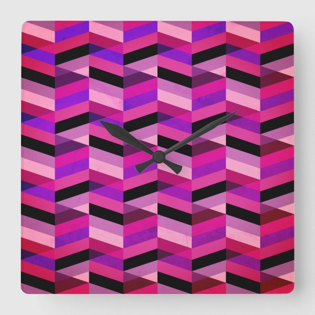 Relógio Quadrado Chevron/Herringbone Abstrato | Roxos e Violeta (Frente)