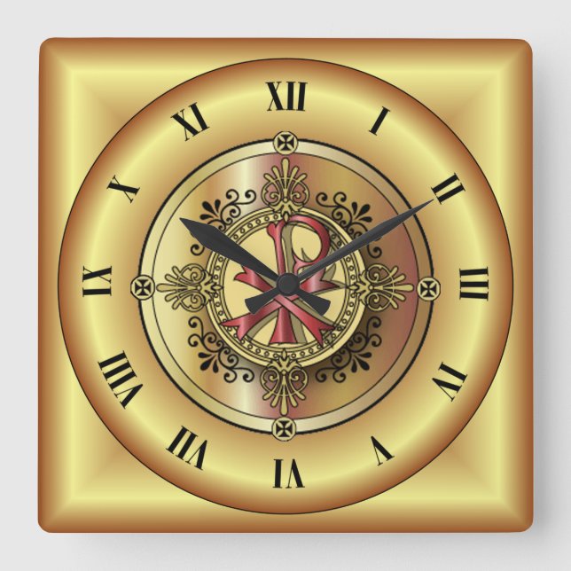 Relógio Quadrado Chi-Rho Monograma ~ Símbolo Cristão P & X ~ (Frente)