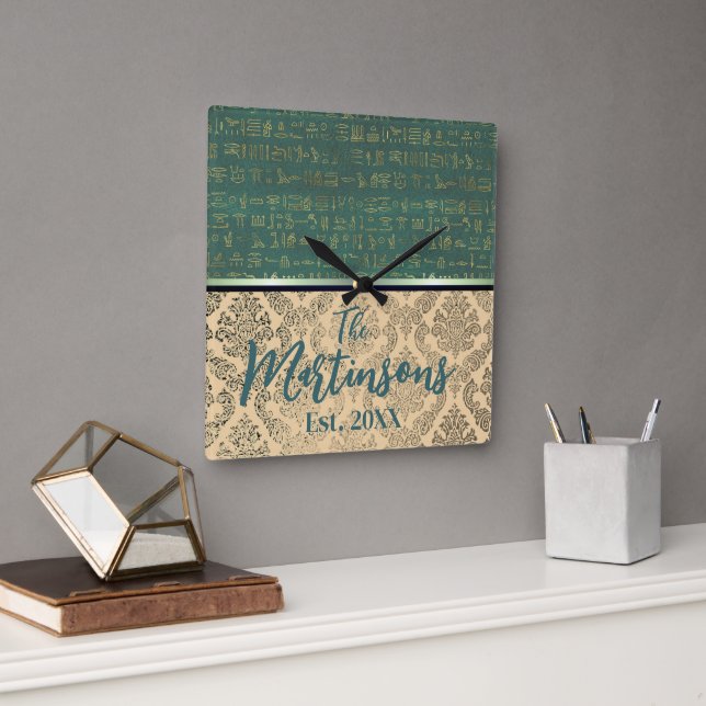 Relógio Quadrado Chic Damask Egípcio Hieroglyphs Family Name (Escritório)