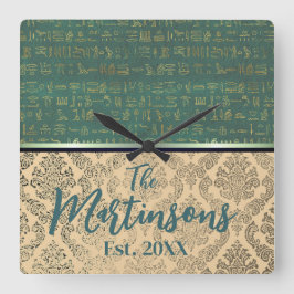 Relógio Quadrado Chic Damask Egípcio Hieroglyphs Family Name