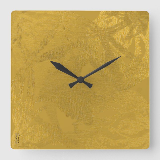 Relógio Quadrado Chic Dourada Abstrato Floral (Frente)