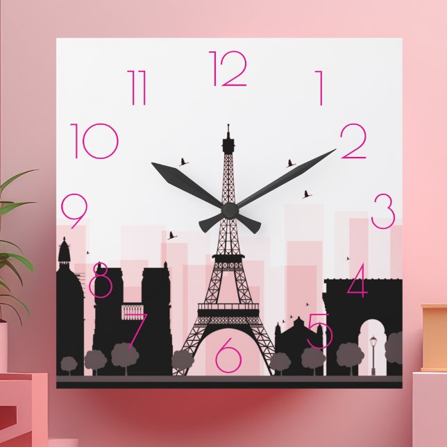 Relógio Quadrado Chic PARIS Eiffel Tower Skyline Pink Moderno (Criador carregado)