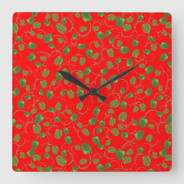 Relógio Quadrado Chic Poppy Buds no Bright Red Wall Clock (Frente)