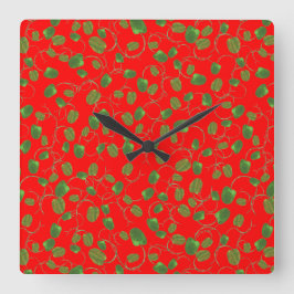 Relógio Quadrado Chic Poppy Buds no Bright Red Wall Clock