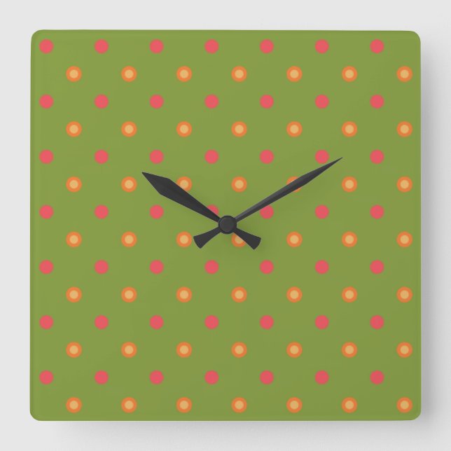 Relógio Quadrado Chic Poppy Colors Bolinhas Square Wall Clock (Frente)